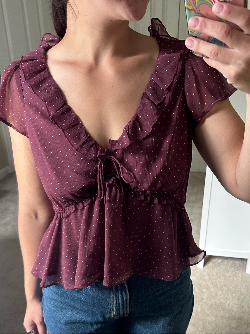 American Eagle Outfitters Burgundy Dot Ruffled V-Neck Peplum Top